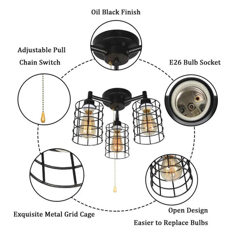 Industrial Black Ceiling Light With Pull Chain And Metal Wire Cage Semi Flush Mount Steampunk Edison Style Fixture 3 Light E26 Hardwired UL Listed Adjustable 42 Inch Chain Ideal For Bedroom Living Room Hallway showcasing features like oil black finish, adjustable pull chain, E26 bulb socket, and metal grid cage