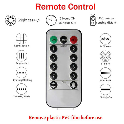 Remote control for 300 LED Curtain String Lights With USB Power And Remote Control, 8 modes, featuring buttons for brightness and timer.