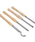 Premium 4 Piece Lathe Turning Tool Set For Woodworking Crafters Made From Heavy Duty Hard Alloy Steel showing wooden handles and steel blades.