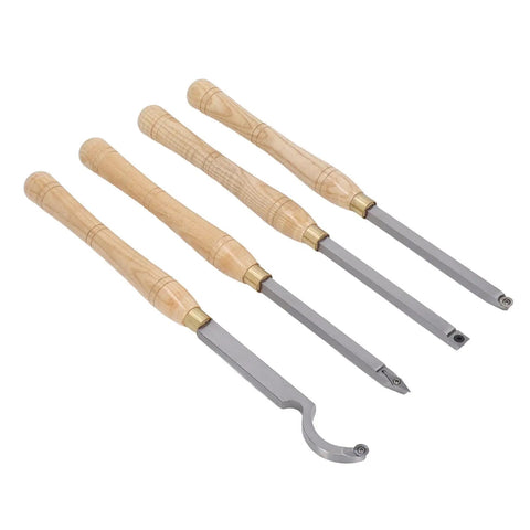 Premium 4 Piece Lathe Turning Tool Set For Woodworking Crafters Made From Heavy Duty Hard Alloy Steel showing wooden handles and steel blades.
