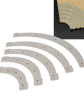 Five Piece Router Corner Radius Template Set With Removable Woodworking Jigs For Smooth Cabinet Edges Plus Sturdy Arc Cutting Guides, R100 to R300 sizes.