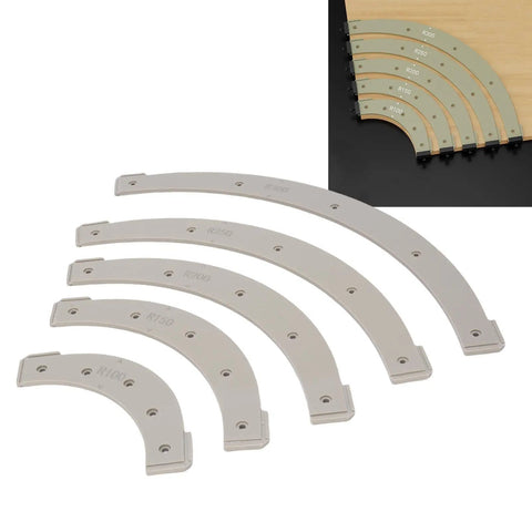 Five Piece Router Corner Radius Template Set With Removable Woodworking Jigs For Smooth Cabinet Edges Plus Sturdy Arc Cutting Guides, R100 to R300 sizes.
