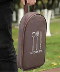 Person holding Outdoor Cutlery Portable Set for Camping and Picnics with Secure Pouch and Built In Elastic Slots Keeps Utensils From Shifting.
