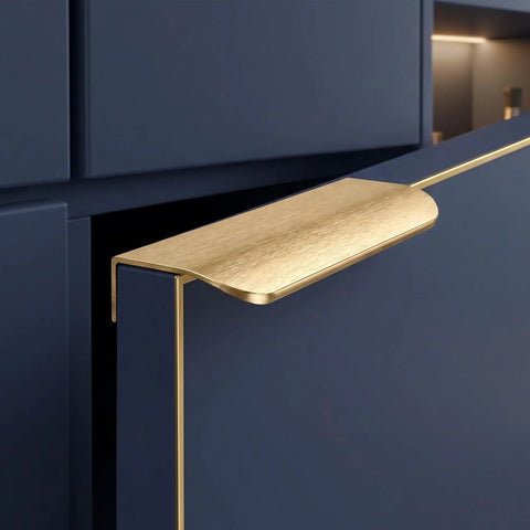 Brushed Gold Cabinet Finger Pulls 4.72 Inch Edge Pulls For Large Kitchen Drawers showing installation on dark cabinet.