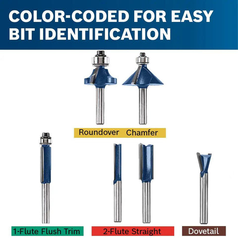 Color-coded Six Piece One Quarter Inch Shank Carbide Tipped Router Bit Set With Storage Case For Straight Cuts Trimming Decorative Edging And Dovetail Joinery Pro Grade Micrograin Tips Deliver Sharp Edges Smooth Finishes Long Lasting Performance