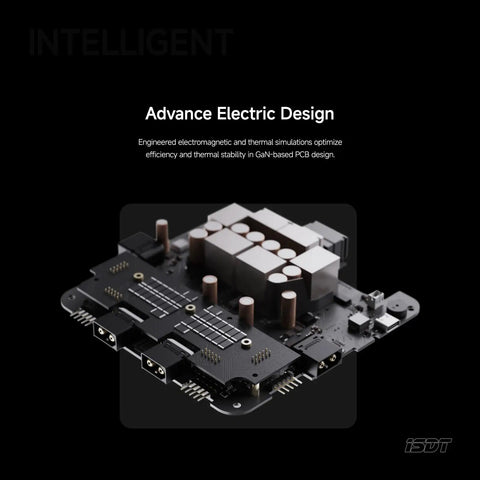 Close-up view of F160 4 Channel GaN LiPo Battery Charger PCB, highlighting advanced electric design and smart balancing features.