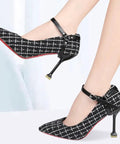 Skip The Blisters And Heel Slide Drama With Adjustable Anti Drop Shoe Straps Premium Pumps Accessories Durable Metal And PU Ankle Bands Lock In A Custom Fit For Women Six Pack Black, black and white checked high heels with adjustable ankle straps.