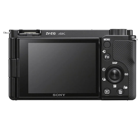 Back view of ZV-E10 Mirrorless Camera Kit With 16-50mm Lens, 128GB Extreme Speed Memory, 2x Lenses, Case, Tripod, Filters, Hood, Grip