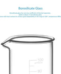 Close-up of High Form Beaker Set With Precise Graduations, Five Piece Borosilicate Glass Beakers In 50 Ml, 100 Ml, 250 Ml, 500 Ml, And 1000 Ml Sizes