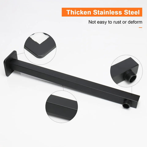 16 Inch Matte Black Stainless Steel Shower Arm Extension With Flange And Teflon Tape, Rust Resistant, Modern Look