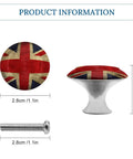 Slick Round Cabinet Knobs And Pulls Straight Up Durable Stainless Steel Furniture Hardware Rock Solid Grip Smooth Surface Easy Snap Install Kitchen Drawers Top Shelf Design 2 Pack with Union Jack design, dimensions 2.8cm diameter, 2.1cm height.
