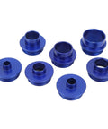 Close-up of a 10 Piece Aluminum Router Template Guide Bushing Set With Lock Nuts in blue, showing eight assorted sizes and design details.