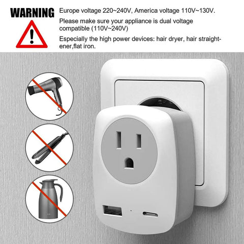 Europe Travel Plug Adapter With USB C Port Not For UK Wall Charger warning info, outlet converter in socket
