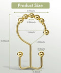 Gold Shower Curtain Hooks Rings 12 Pack Double Glide Stainless Steel Rust Resistant with product dimensions labeled.