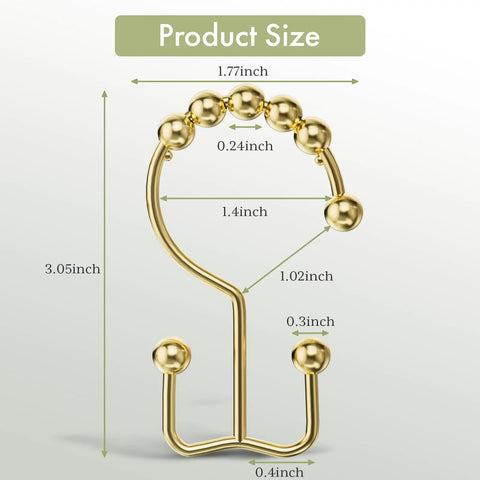 Gold Shower Curtain Hooks Rings 12 Pack Double Glide Stainless Steel Rust Resistant with product dimensions labeled.