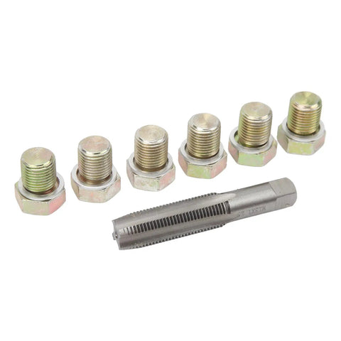 Premium M13 X 1.5mm Oil Drain Plug Thread Repair Kit With Steel Taps And Screws For Fixing Leaky Sump Threads On Your Ride Using This Heavy Duty Rethread Tool That Keeps Your Car Running Smooth Without Wasting Cash On New Parts. M13 x 1.5 steel tap and drain plug screws