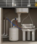 Under-sink view of One Pack Drain Saddle Valve With One Quarter Inch Quick Connect For Plastic Water Filter Valve Clamp and RO Systems
