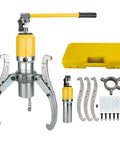 Shop Grade 15 Ton Hydraulic Puller With Adjustable Three Jaw Design And Secure Lever Action For Yanking Stubborn Wheel Bearings Hubs Gears On Grease Monkey Weekends displayed with tools and storage case.