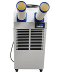 Heavy Duty Commercial Portable Air Conditioner With Massive 14L Tank Delivers Non Stop Cooling For Shops Hospitals And Outdoor Events front view with dual exhaust pipes and control panel.