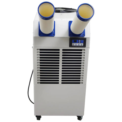 Heavy Duty Commercial Portable Air Conditioner With Massive 14L Tank Delivers Non Stop Cooling For Shops Hospitals And Outdoor Events front view with dual exhaust pipes and control panel.
