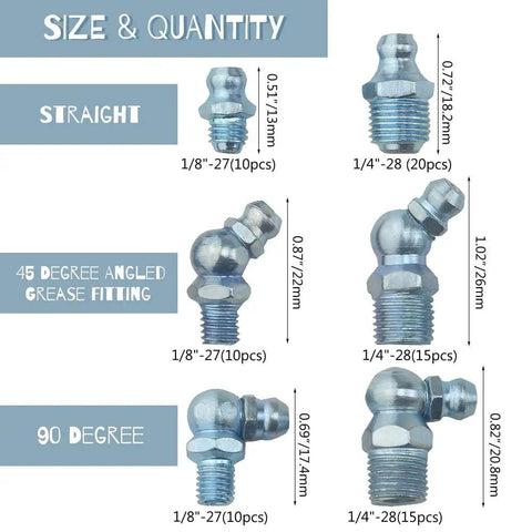 80 Piece Max Strength Grease Fitting Set With SAE Zerk NPT Threads in 1/8" and 1/4" sizes, shown with straight, 45° and 90° angles