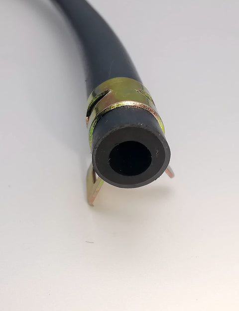 Close-up of Beefy 10 Foot Fuel Hose Three Sixteenth Inch ID Non Pressurized Line with clamp attached, showing hose end texture.