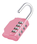 Pink plastic 4-digit combination padlock from Amazon with a silver U-shaped shackle.