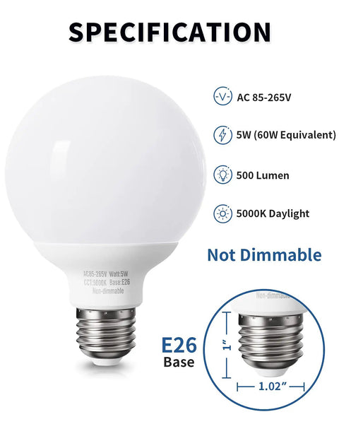 8 Pack Daylight LED Globe Light Bulbs For Bathroom 120V 60W Equivalent E26 Medium Base Non Dimmable Vanity Round G25 Bulbs