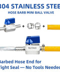 Beefy 1 Quarter Inch Barb Ball Valve Inline 304 Stainless Steel Shut Off For Fuel Water Air Gas Lines Heavy Duty Hose Barb Fitting With Two Clamps 1 Pack 900 PSI From -39 F To 380 F, hose barb valve with clamps