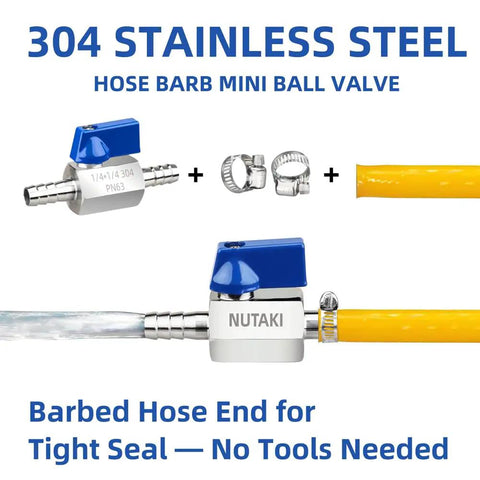 Beefy 1 Quarter Inch Barb Ball Valve Inline 304 Stainless Steel Shut Off For Fuel Water Air Gas Lines Heavy Duty Hose Barb Fitting With Two Clamps 1 Pack 900 PSI From -39 F To 380 F, hose barb valve with clamps