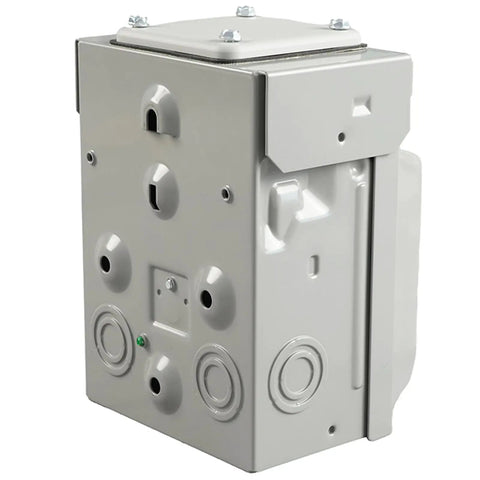 Heavy Duty NEMA L5 30R Power Outlet Box With 15 Amp Switch Weatherproof Lockable Outdoor Electrical Panel side view, metal construction.