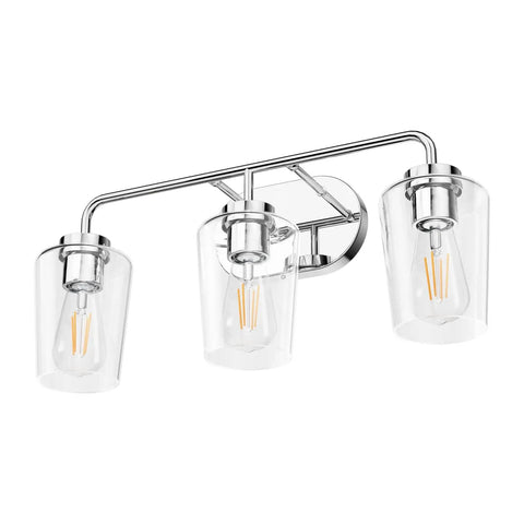 Three Light Industrial Style Bathroom Vanity Fixture In Stainless Steel Chrome Finish With Clear Glass Shades For Farmhouse Bath Lighting And Easy Wall Mount Installation