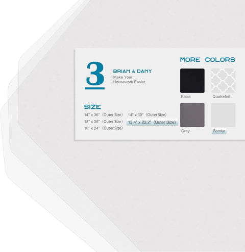 Pro Grade Wire Shelf Liner Mats 13.4 X 23.2 Inches size chart showing color options and dimensions.