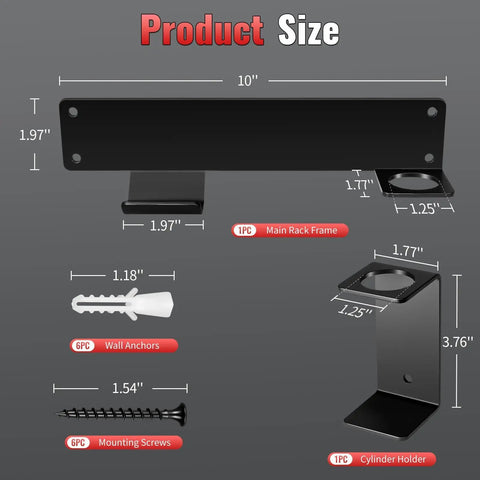 Diagram showing dimensions of Heavy Duty Jack Stand Wall Mount Organizer For Hydraulic Trolley Jacks And Garage Tools, including wall anchors and screws.