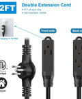 Front and back view of Twin 12 Foot Flat Plug Extension Cord With Six Outlets Per Side, Wall Hugger Dual Sided Power Strip For Indoor Use.