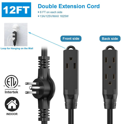 Front and back view of Twin 12 Foot Flat Plug Extension Cord With Six Outlets Per Side, Wall Hugger Dual Sided Power Strip For Indoor Use.