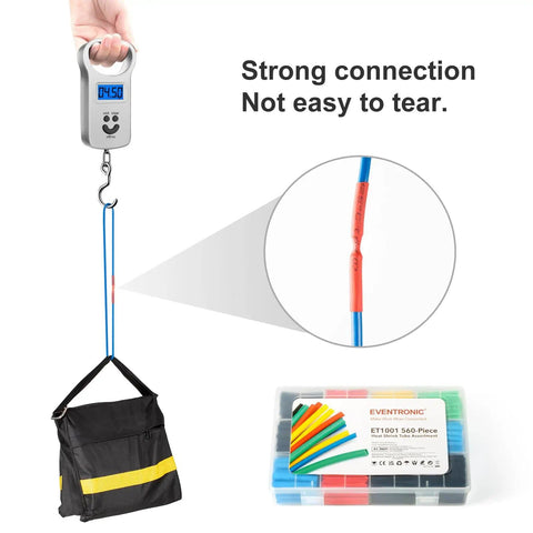 600-Piece Heat Shrink Tubing Kit with 12 sizes and 5 colors, demonstrating strong connection in harness under weight.