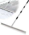 Industrial Floor Squeegee With 33.4 Inch Extra Large Blade And 63 Inch Stainless Handle For Concrete And Tough Cleaning Jobs Anti Splash Curved Baffle For Garage And Factory, shown on wet and dry surfaces demonstrating cleaning capabilities.
