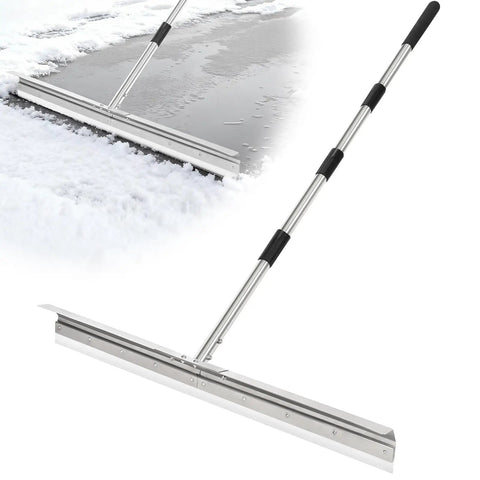 Industrial Floor Squeegee With 33.4 Inch Extra Large Blade And 63 Inch Stainless Handle For Concrete And Tough Cleaning Jobs Anti Splash Curved Baffle For Garage And Factory, shown on wet and dry surfaces demonstrating cleaning capabilities.