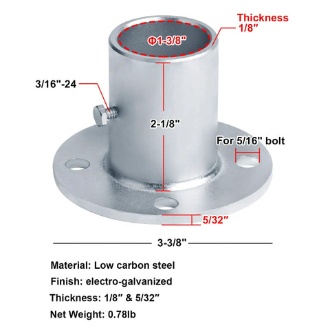 4 Pack 1-3/8 Inch Chain Link Fence Post Floor Flanges Surface Mount Beefy Heavy Duty Round Post Bases Electro Galvanized Steel