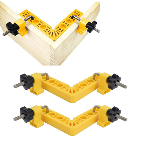 Rock Solid 90 Degree Square Kit For Flawless Right Angle Alignment On Cabinets And Picture Frames With Heavy Duty Clamps and yellow positioning squares.