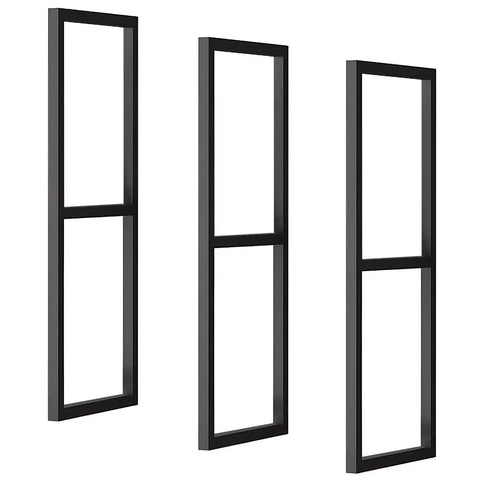 Rock Solid Heavy Duty Floating Shelf Brackets With Screws Two Tier Ceiling Mount Metal Hanging Shelf Supports Black Three Pack No Plank Required Built Like A Tank Total Game Changer black metal shelf brackets displayed in three vertical positions
