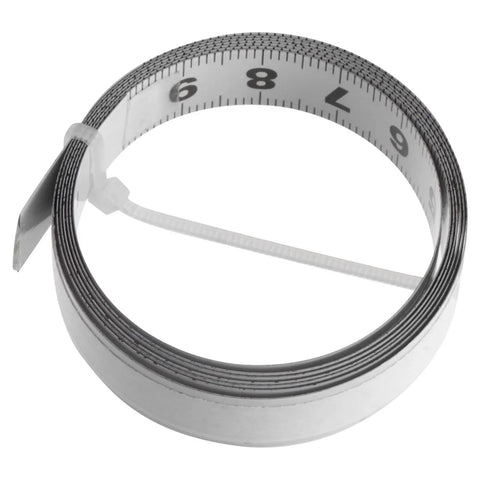 No Fuss Self Adhesive One Meter Steel Metric Track Ruler Tape Dead Straight Scale rolled up for easy installation and storage.
