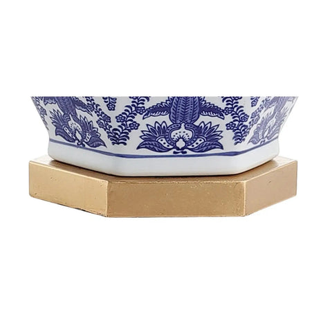 Blue and white ginger jar base with gold base, part of Blue And White Ginger Jar Ceramic LED Table Lamp With Gold Base And White Linen Shade