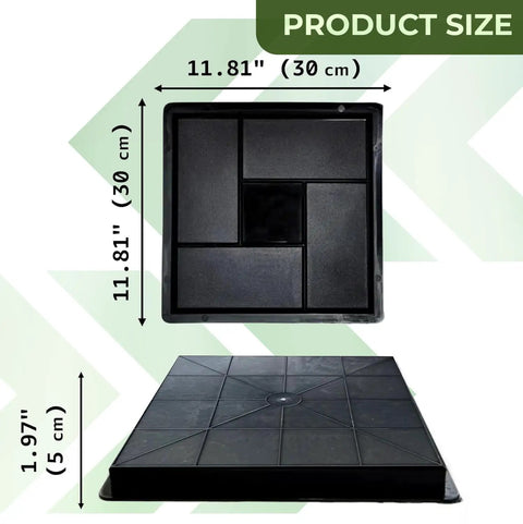 4 Piece Concrete Molds Set For DIY Patio Pavers And Labyrinth Pathmaker Slab Stones, top and side view showing dimensions.