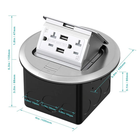 Round Pop Up Floor Outlet Box With 20 Amp USB Tamper Resistant Receptacle ETL Listed durable stainless steel housing.