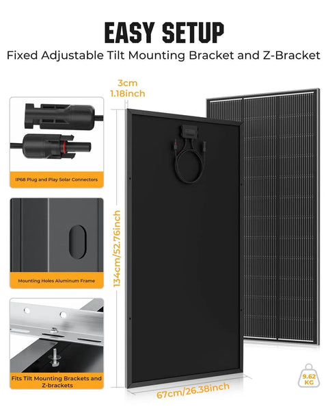Back view of Beefy 200W N Type Monocrystalline Solar Panel with mounting brackets and connectors for off-grid use.