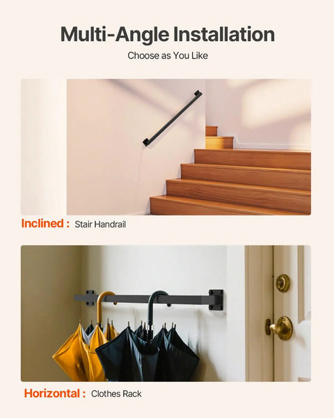 Badass Industrial Wall Mount Stair Handrail, Three Foot Black Iron Staircase Grip Square Tube mounted on wall beside wooden stairs.