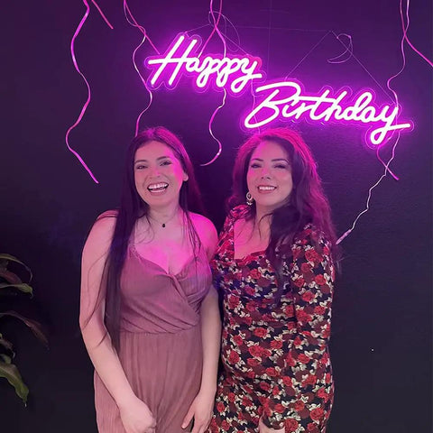 Pink Happy Birthday Neon Sign With Dimmer For Party Decoration And Bedroom Wall Decor, two women in front