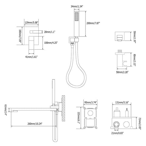 Technical diagram of Waterfall Wall Mounted Bathtub Faucet With Hand Shower, 180 Degree Swivel Spout, dimensions and specifications